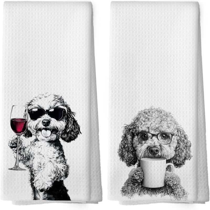 Mcehtle Funny Cockapoo Dog Kitchen Towels Set of 2, Funny Kitchen Coffee Station Wine Bar Decor, Black and White Dog Owner Hand Towel, Humor Housewarming Gift Dining Room Tea Towels 16x24 Inch - Image 1